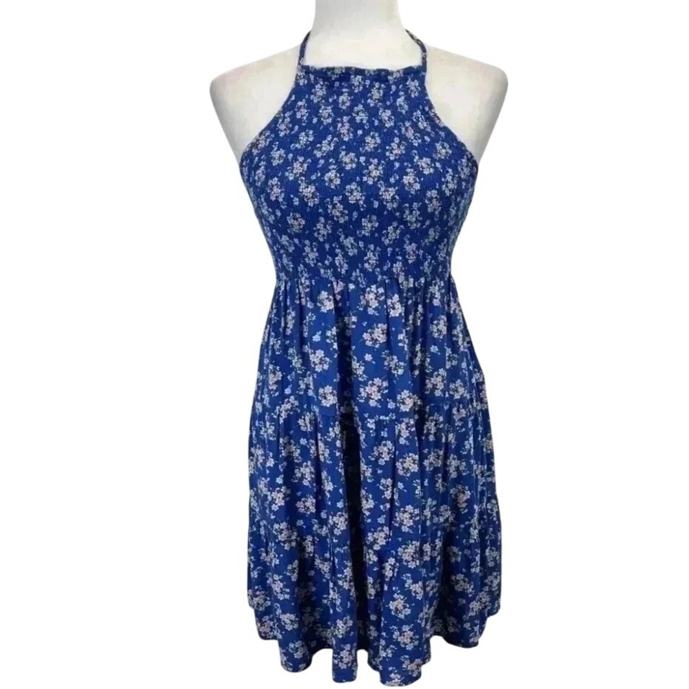 American Eagle Floral Smocked Halter Dress Blue White Cottagecore Small